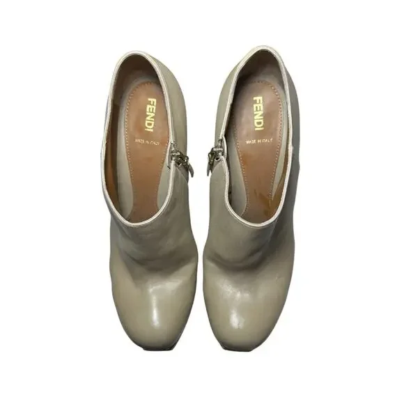 Fendi Fendista Beige Leather FF Logo Platform Heels Ankle Boots Size 39